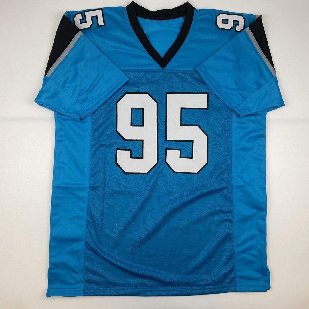 Autographed/Signed DERRICK BROWN Carolina Blue Football Jersey JSA COA Auto