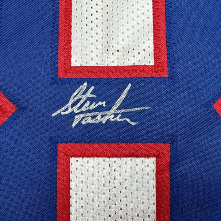 Framed Autographed/Signed Steve Tasker 35x39 Buffalo White Jersey JSA COA