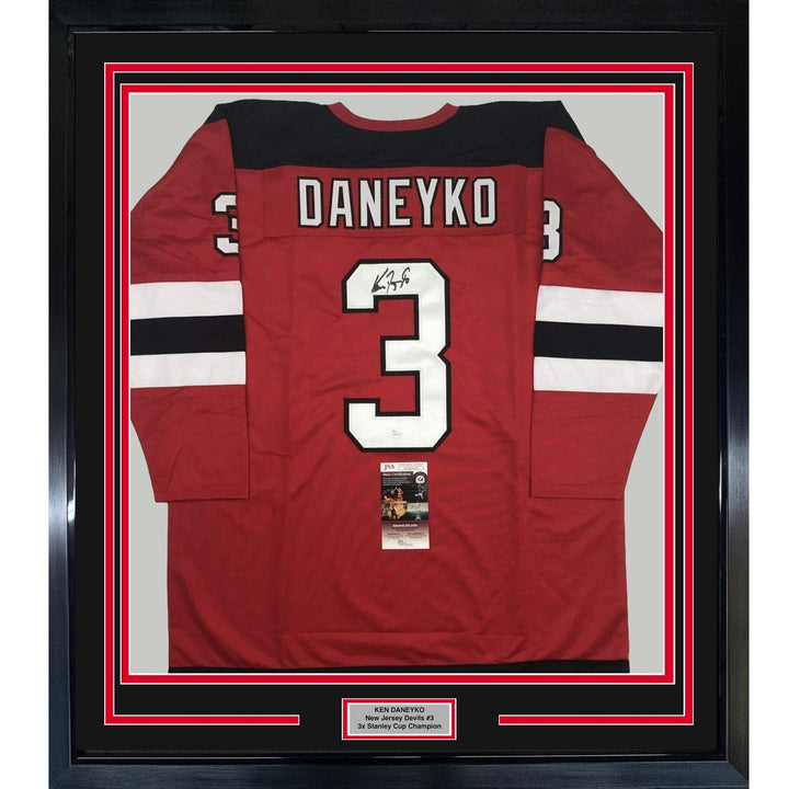 Framed Autographed/Signed Ken Daneyko 33x42 New Jersey Red Jersey JSA COA