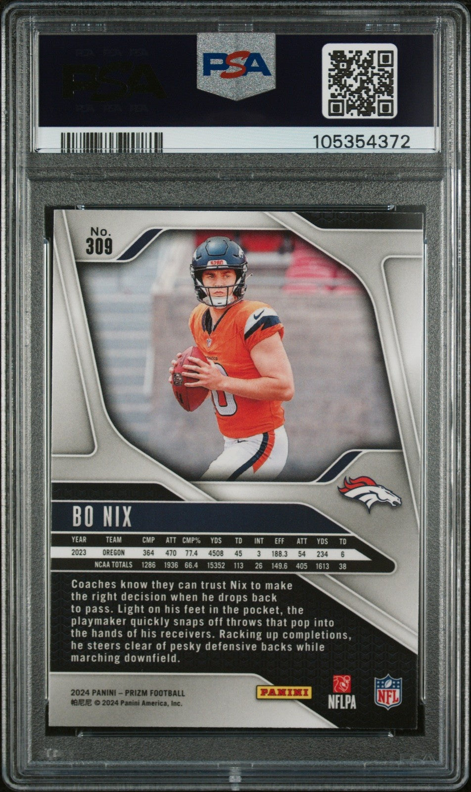 Graded 2024 Panini Prizm Bo Nix #309 Rookie RC Card PSA 10 Gem Mint