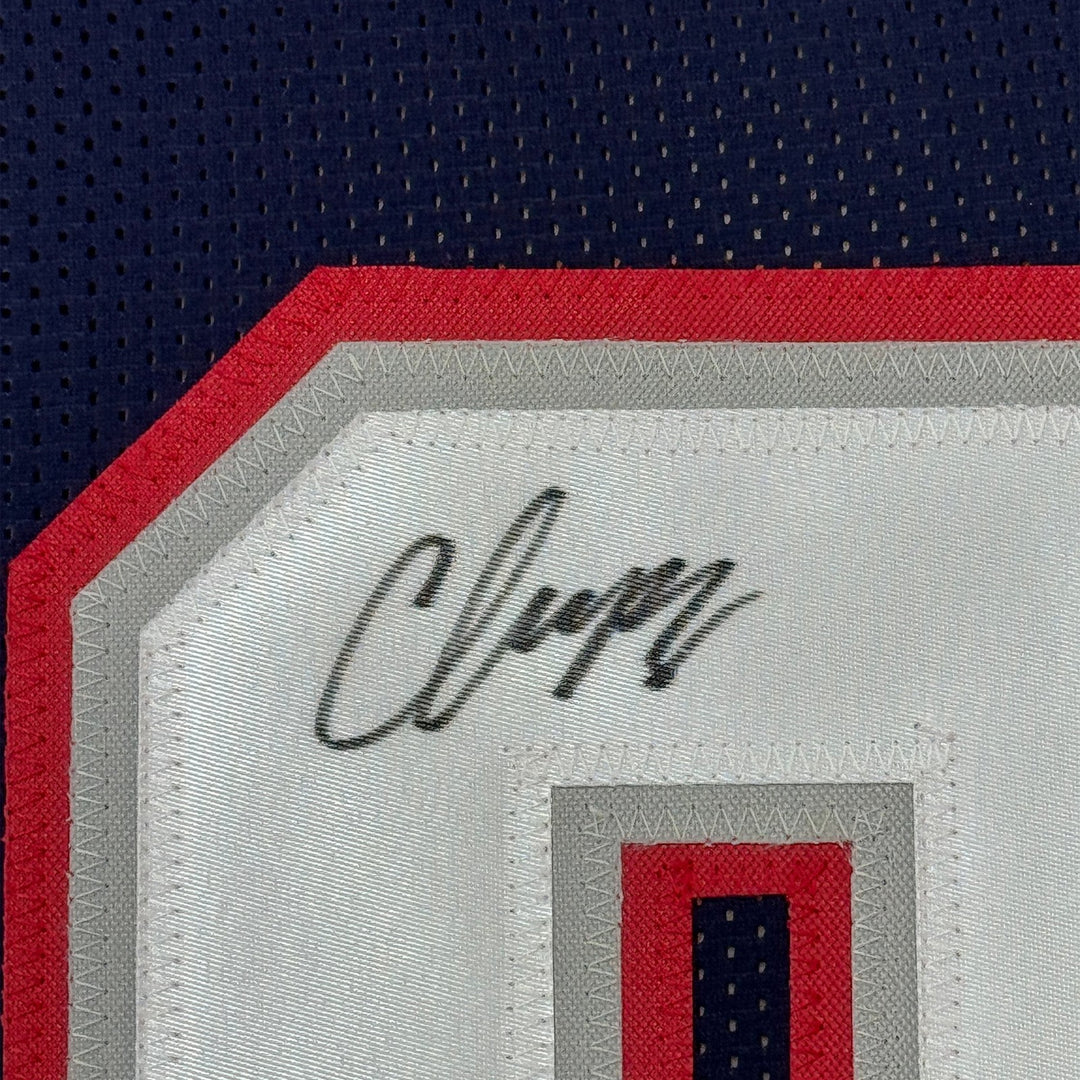 Framed Autographed/Signed Christian Gonzalez 35x39 NE Blue Jersey BAS COA