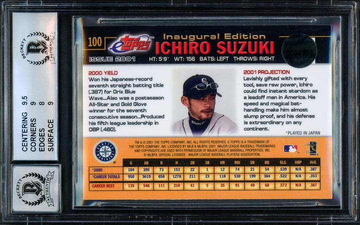 Ichiro Suzuki Signed 2001 eTopps RC 100 Mariners BGS 8.5 Auto GM 10 Beckett