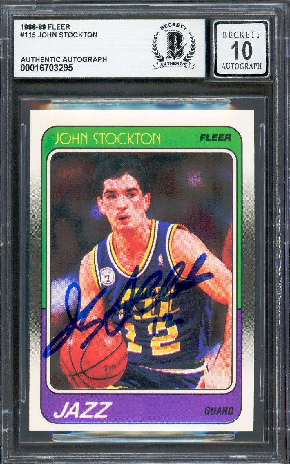 John Stockton Signed 1988-89 Fleer RC 115 Utah Jazz Auto GM 10 Beckett #16703295