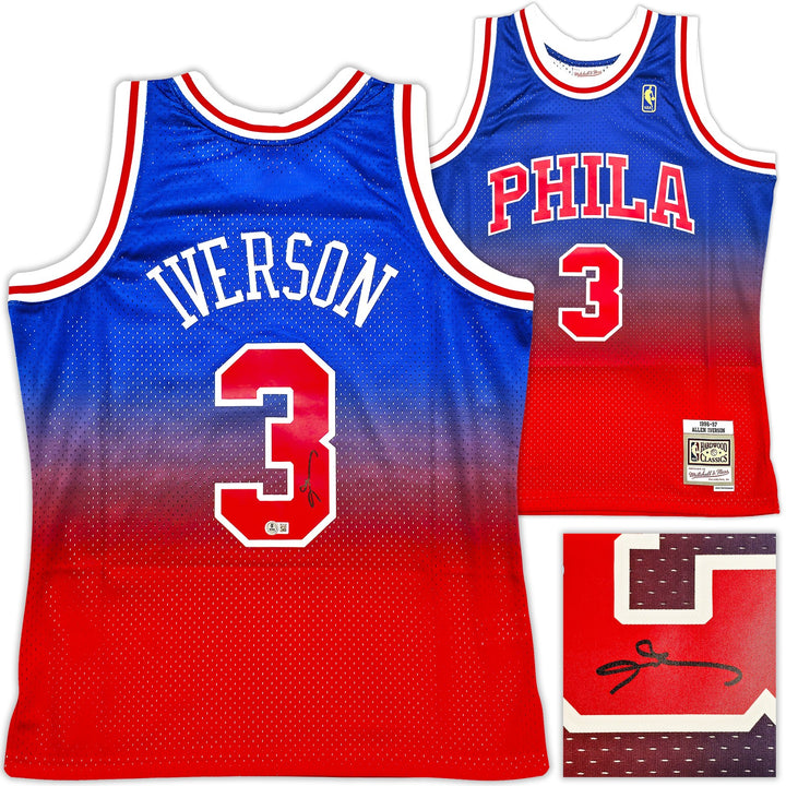 76ers Allen Iverson Auto Red Mitchell Ness 96-97 Swingman Fadeaway Jersey L BAS
