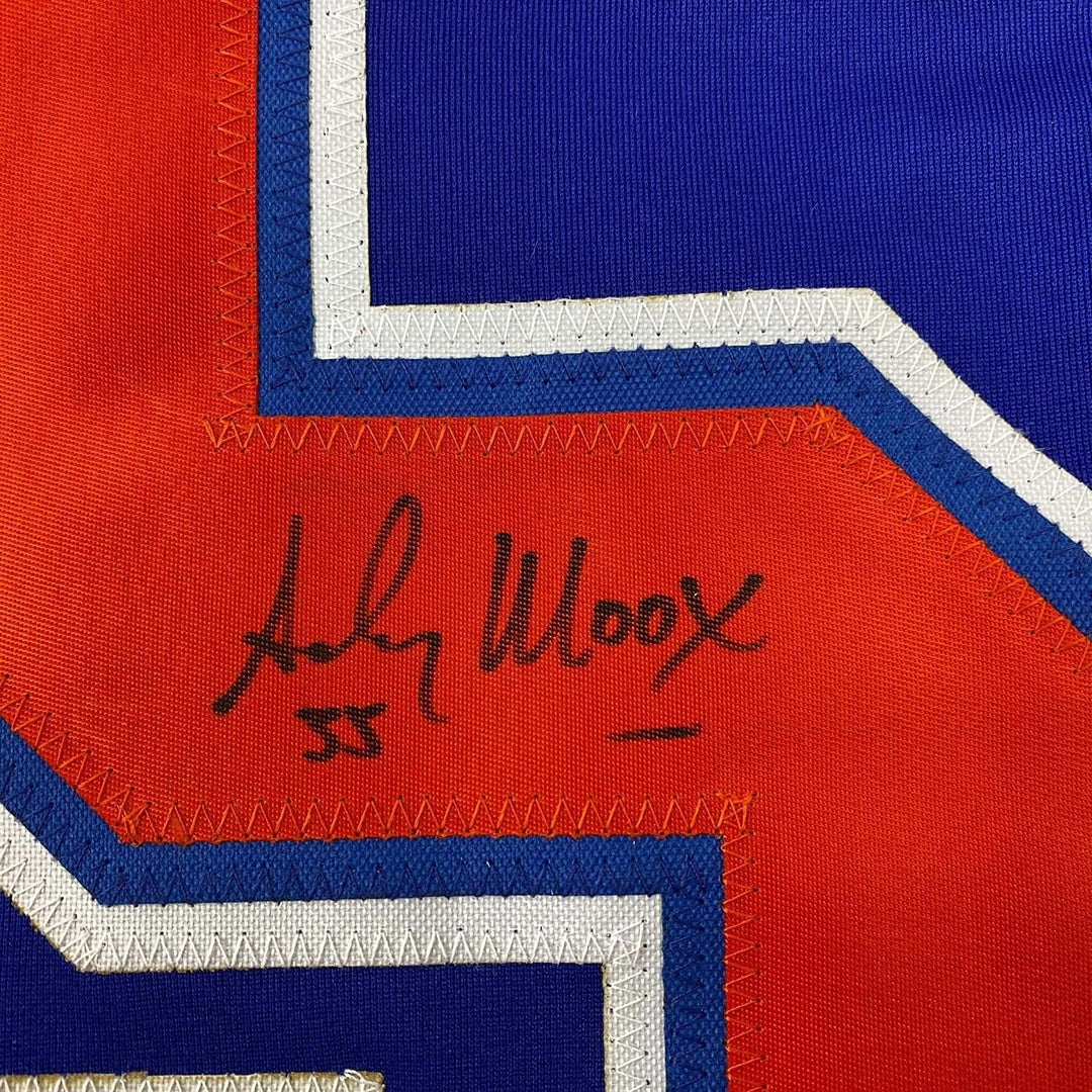 Framed Autographed/Signed Andy Moog 35x39 Edmonton Blue Jersey JSA COA