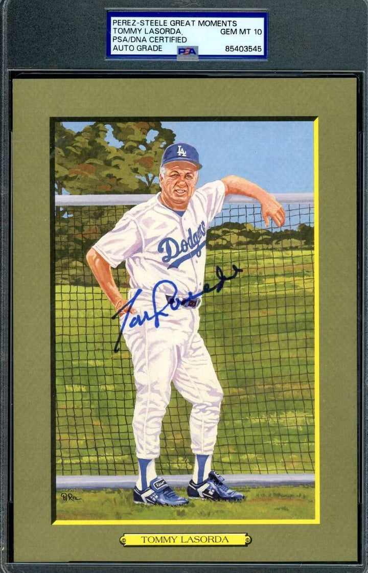 Tommy Lasorda Gem Mint 10 PSA DNA Signed Perez Steele Great Moments Postcard