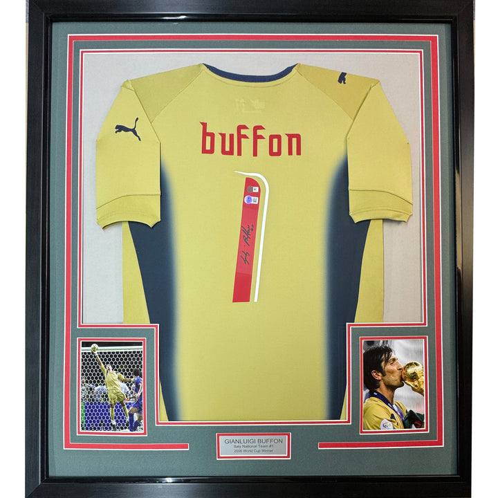 Framed Autographed/Signed Gianluigi Buffon 35x39 Italy Gold Jersey Beckett COA
