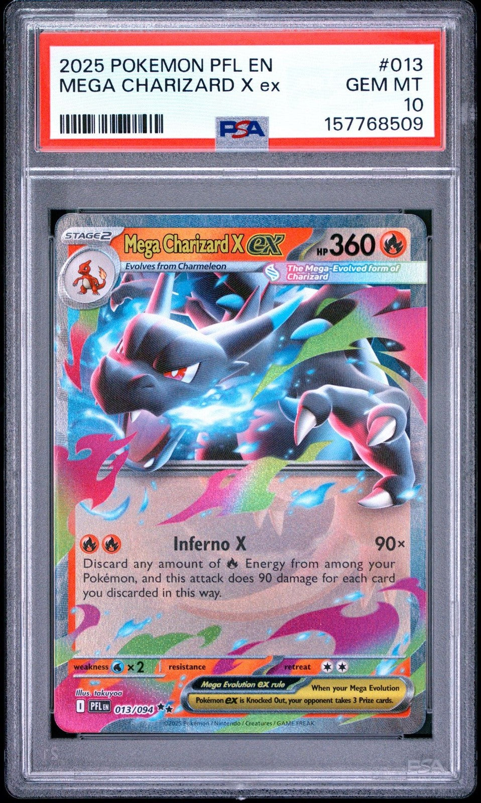 Graded 2025 Pokemon PFL EN Mega Charizard X ex #013 Trading Card PSA 10
