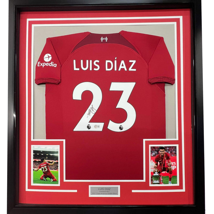 Framed Autographed/Signed Luis Diaz 33x42 Liverpool Red Soccer Jersey BAS COA