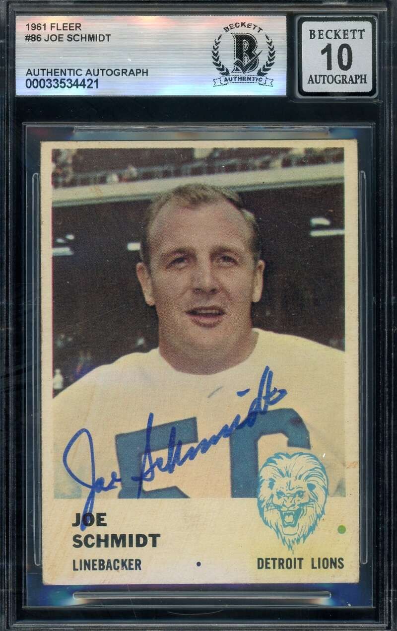 Joe Schmidt Gem Mint 10 Beckett BAS Signed 1961 Fleer Autograph