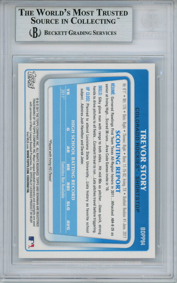 Trevor Story Autographed 2011 Bowman #BBPP84 Trading Card Beckett Slab 14814