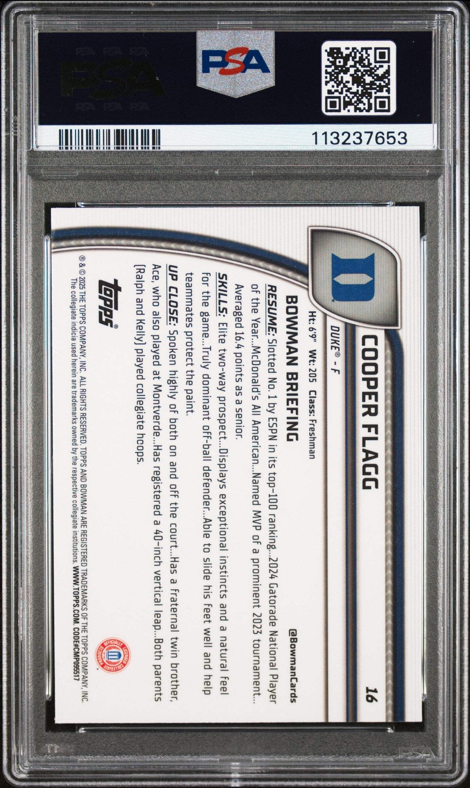 Graded 2024 Topps Bowman Chrome U Cooper Flagg #16 Rookie Basketball Card PSA 10
