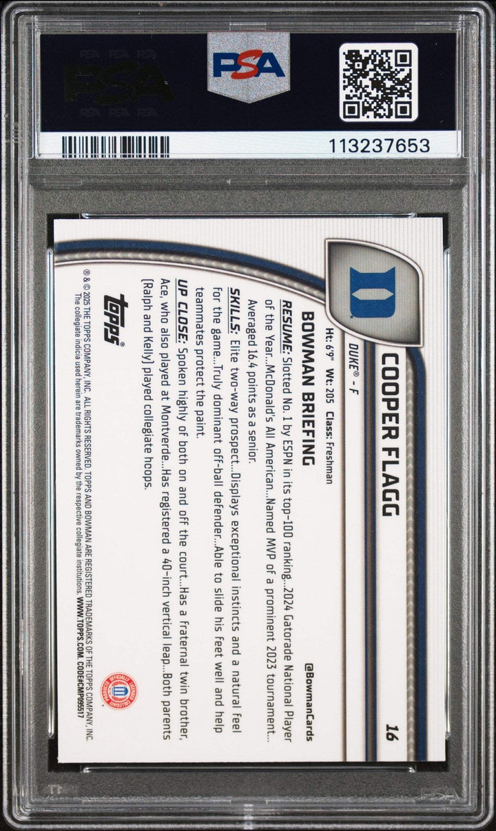 Graded 2024 Topps Bowman Chrome U Cooper Flagg #16 Rookie Basketball Card PSA 10
