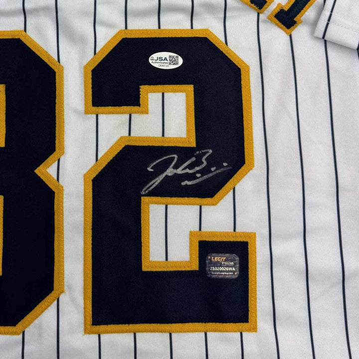 Framed Autographed/Signed Jacob Misiorowski 35x39 Milwaukee Pin Jersey JSA COA