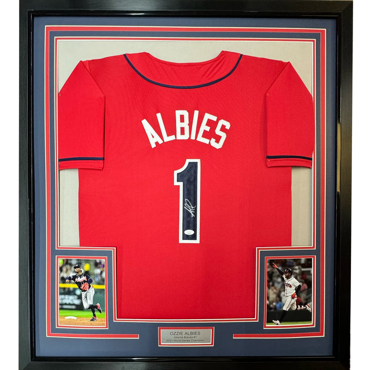 Framed Autographed/Signed Ozzie Albies 35x39 Atlanta Red Jersey JSA COA