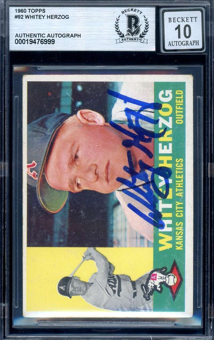 Whitey Herzog Gem Mint 10 Beckett BAS Signed 1960 Topps Autograph A`s