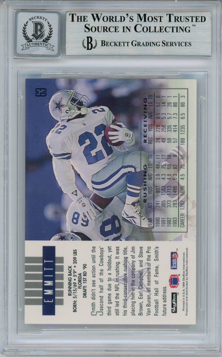 Emmitt Smith Signed 1994 Skybox Impact #63 Trading Card Beckett 10 Slab 35092