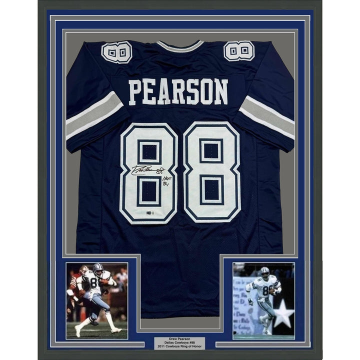Framed Autographed/Signed Drew Pearson 35x39 Dallas Navy Jersey BAS COA