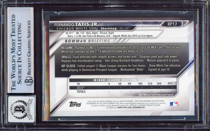 Fernando Tatis Jr. Signed 2016 Bowman Prospect RC #BP17 San Diego Padres BGS 9
