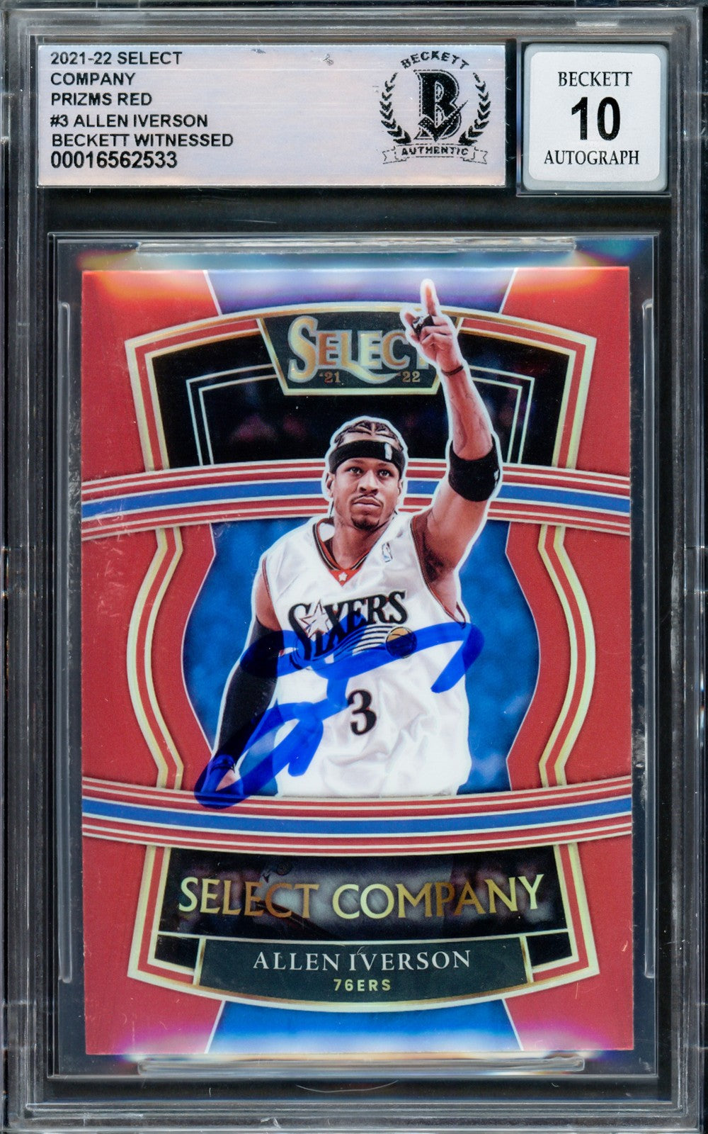 Allen Iverson Auto 2021-22 Select Company Prizms Red Card 3 Sig 10 Beckett Wit