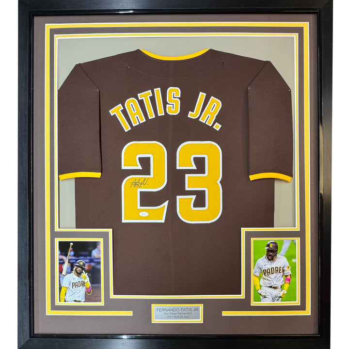 Framed Autographed/Signed Fernando Tatis Jr. 33x42 Slam SD Brown Jersey JSA COA