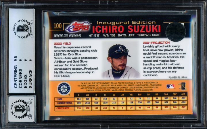 Ichiro Suzuki Auto 2001 eTopps RC 100 Mariners BGS 9 Auto 10 01 ROY/MVP Beckett