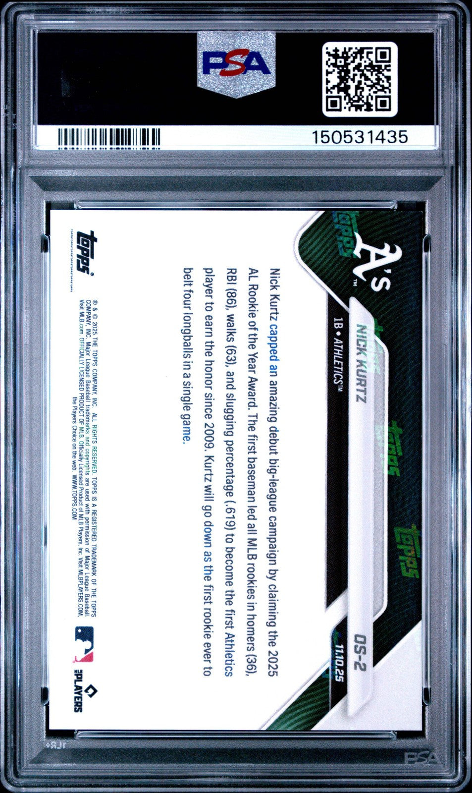 Graded 2025 Topps Now Nick Kurtz #OS2 Offseason Rookie RC Baseball Card PSA 10 G