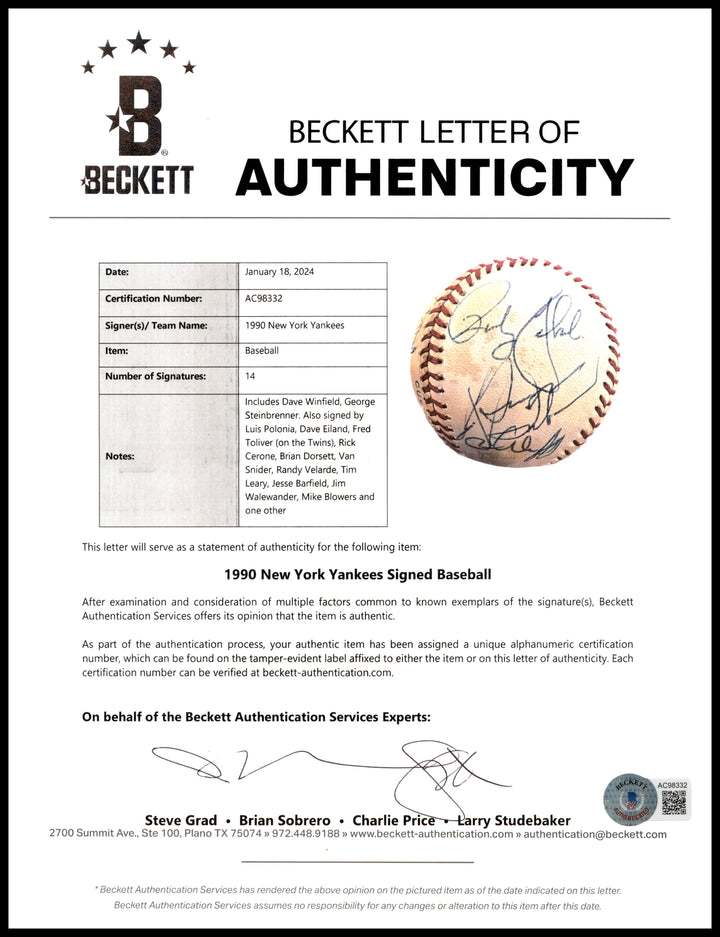 1990 Yankees Signed Autographed AL Baseball 14 Sigs Steinbrenner Beckett AC98332