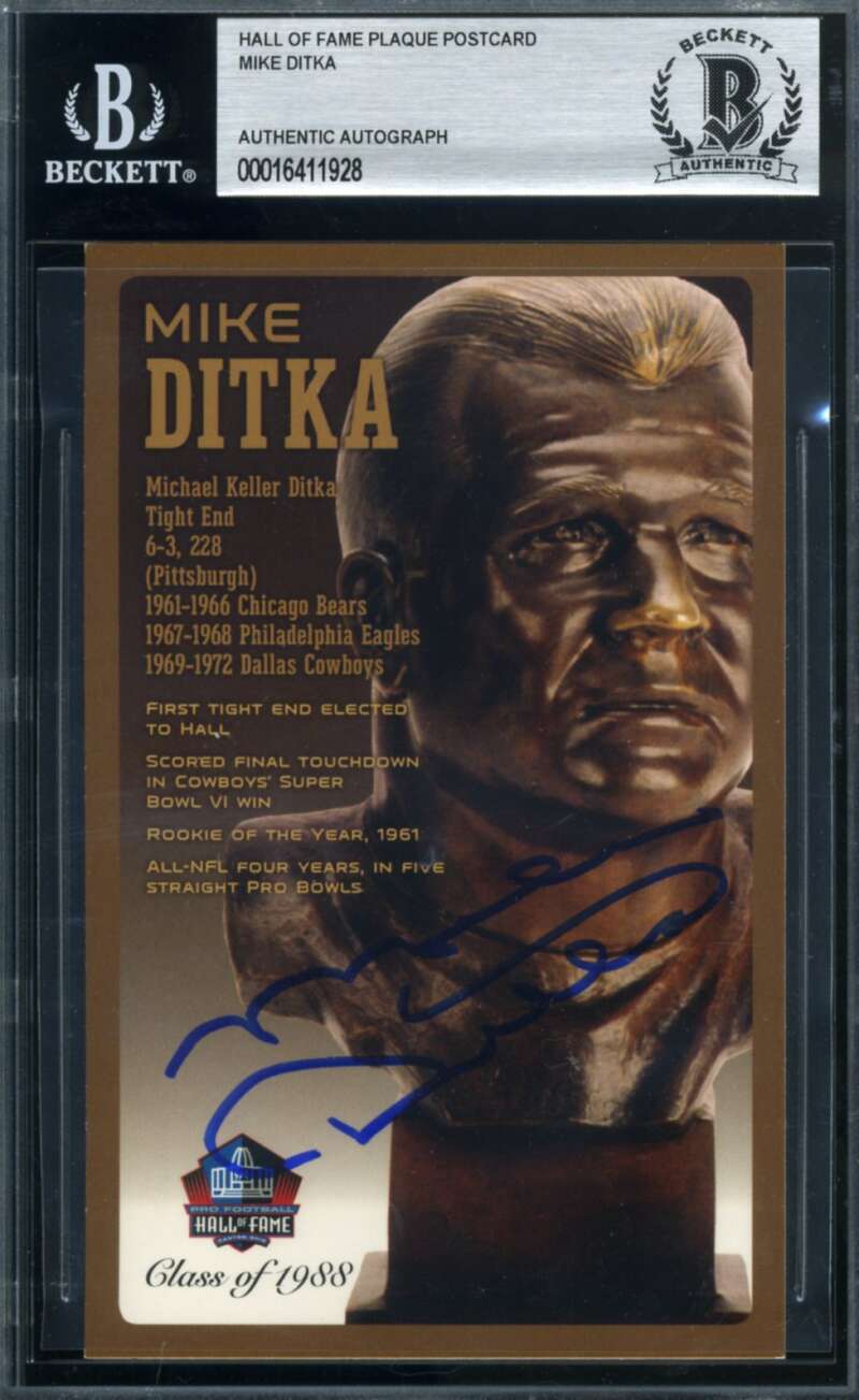 Mike Ditka Beckett BAS Signed Bronze Hall of Fame Bust Postcard