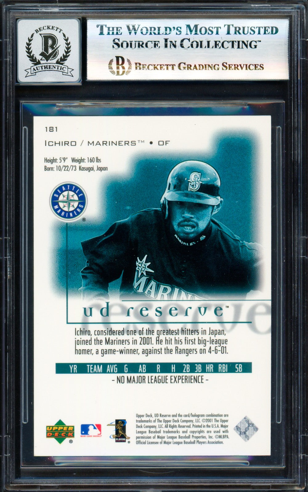 Ichiro Suzuki Auto 2001 UD Reserve RC 181 Mariners Auto GM 10 Beckett #17830083