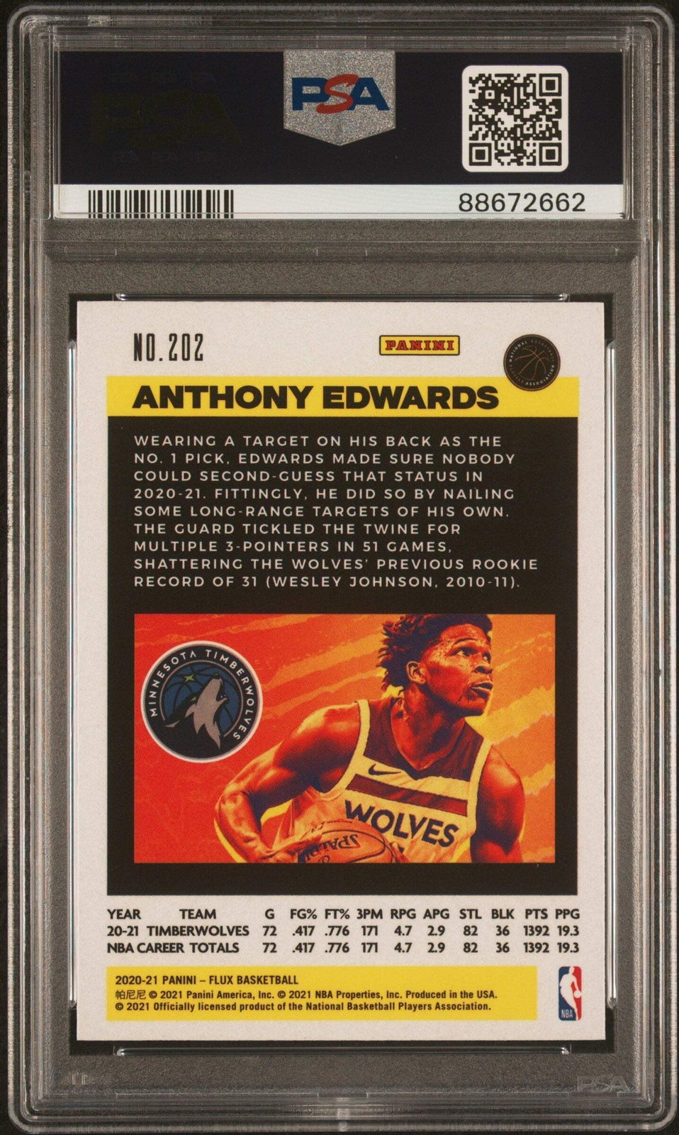 Graded 2020 Panini Flux Anthony Edwards #202 Rookie RC Basketball Card PSA 10