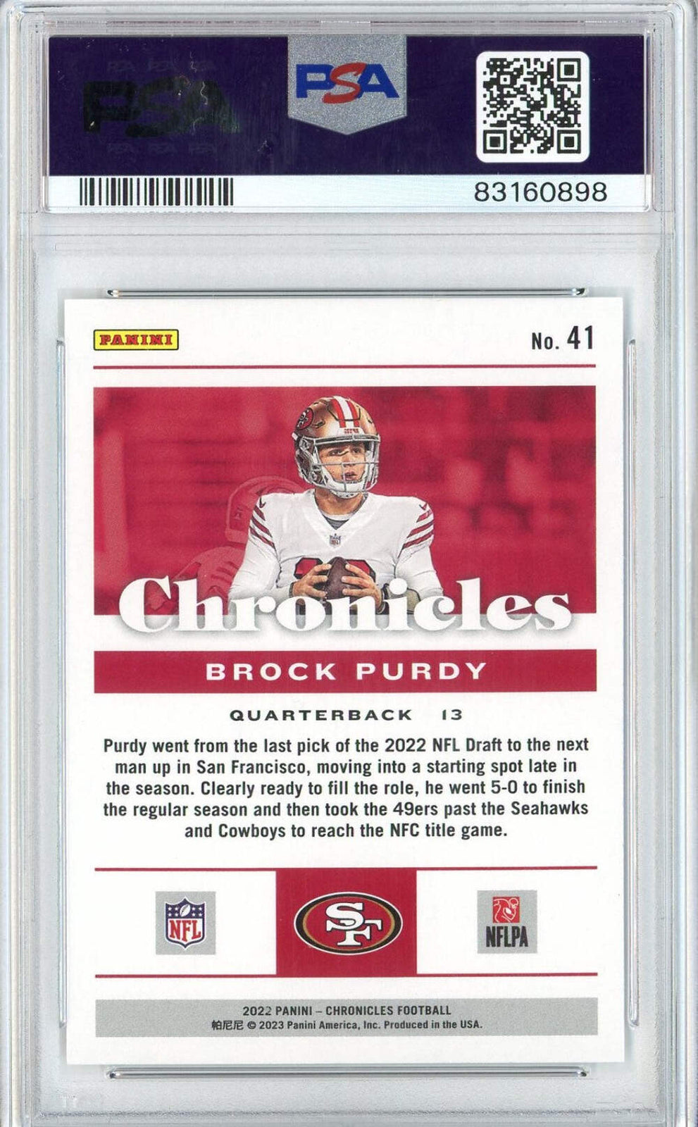Graded 2022 Panini Chronicles Brock Purdy #41 Rookie RC Football Card PSA 10 Gem