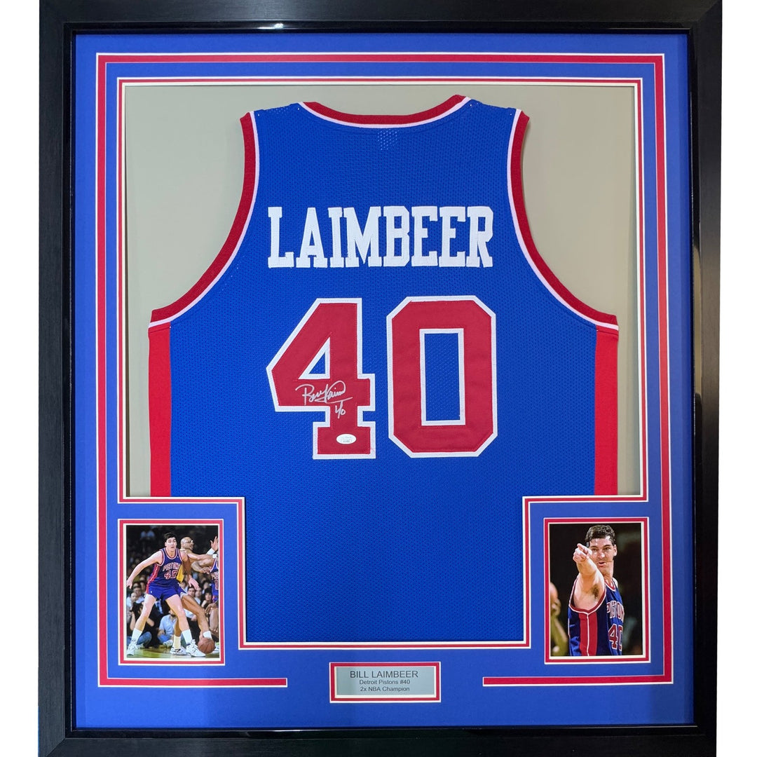 Framed Autographed/Signed Bill Laimbeer 35x39 Detroit Blue Jersey JSA COA