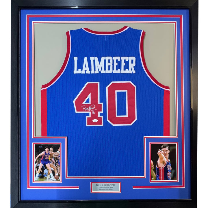 Framed Autographed/Signed Bill Laimbeer 35x39 Detroit Blue Jersey JSA COA