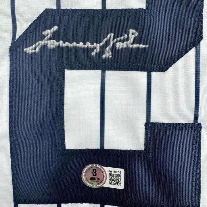 Autographed/Signed Tommy John New York Pinstripe Baseball Jersey Beckett BAS COA