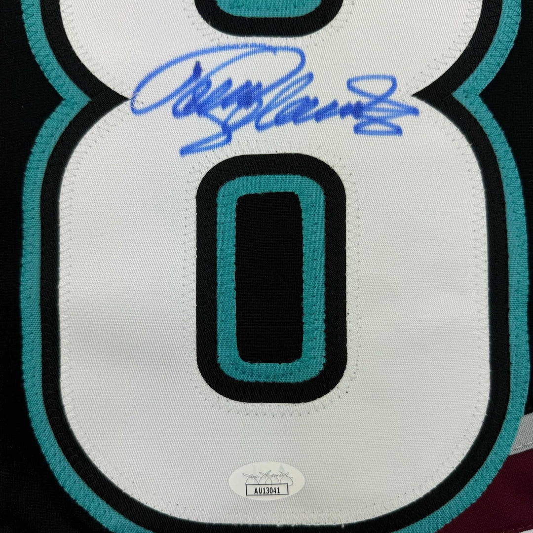 Framed Signed Teemu Selanne 35x39 Anaheim Black Retro Jersey JSA COA