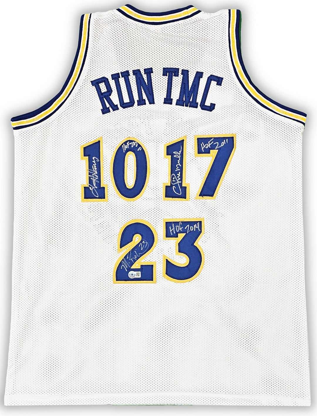 Warriors Chris Mullin, Tim Hardaway & Richmond Auto White Jersey Run TMC HOF BAS
