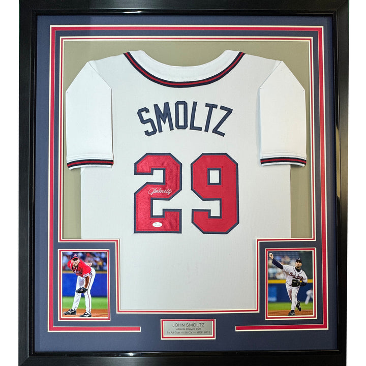 FRAMED Autographed/Signed JOHN SMOLTZ 33x42 Atlanta White Jersey JSA COA Auto