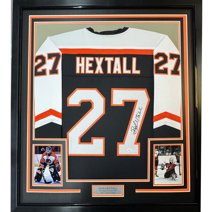 FRAMED Autographed/Signed RON HEXTALL 33x42 Philadelphia Black Jersey JSA COA
