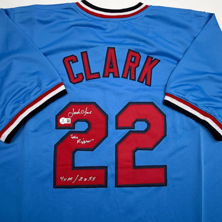 Autographed/Signed Jack Clark St. Louis Blue Baseball Jersey Beckett COA