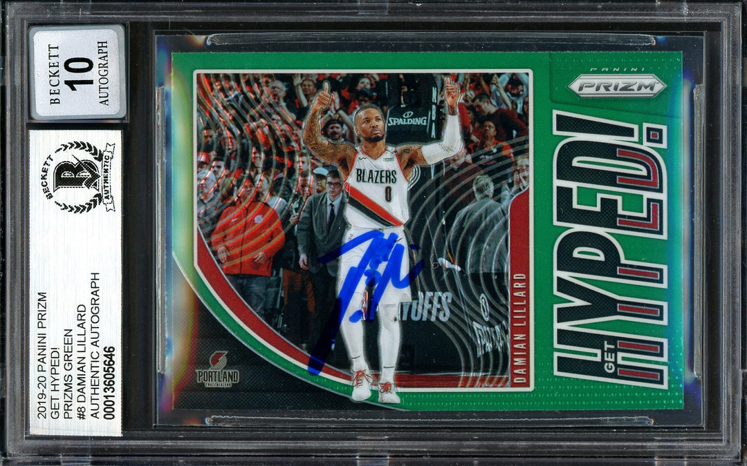 Damian Lillard Signed 2019-20 Panini Prizm Get Hyped Green Card 8 Sig 10 Beckett