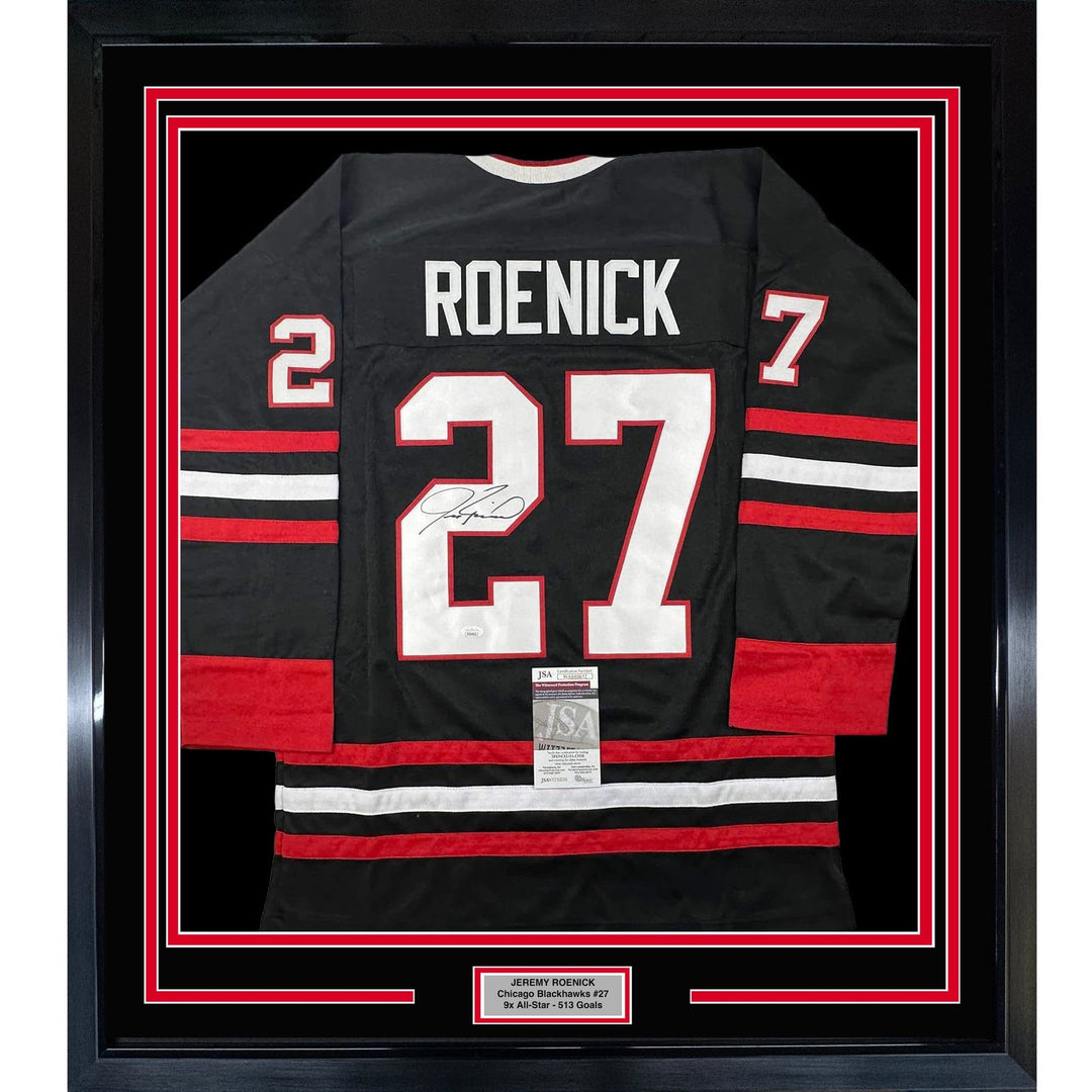 Framed Autographed/Signed Jeremy Roenick 33x42 Chicago Black Jersey JSA COA
