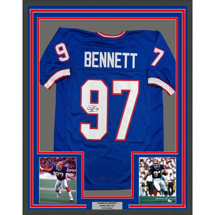Framed Autographed/Signed Cornelius Bennett 35x39 Buffalo Blue Jersey JSA COA