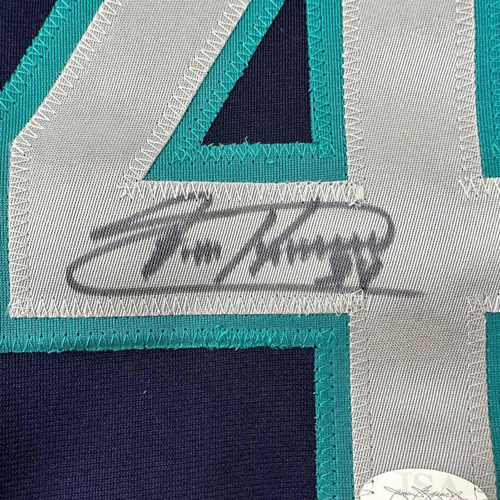 Framed Autographed/Signed Felix Hernandez 33x42 Seattle Blue Jersey JSA COA