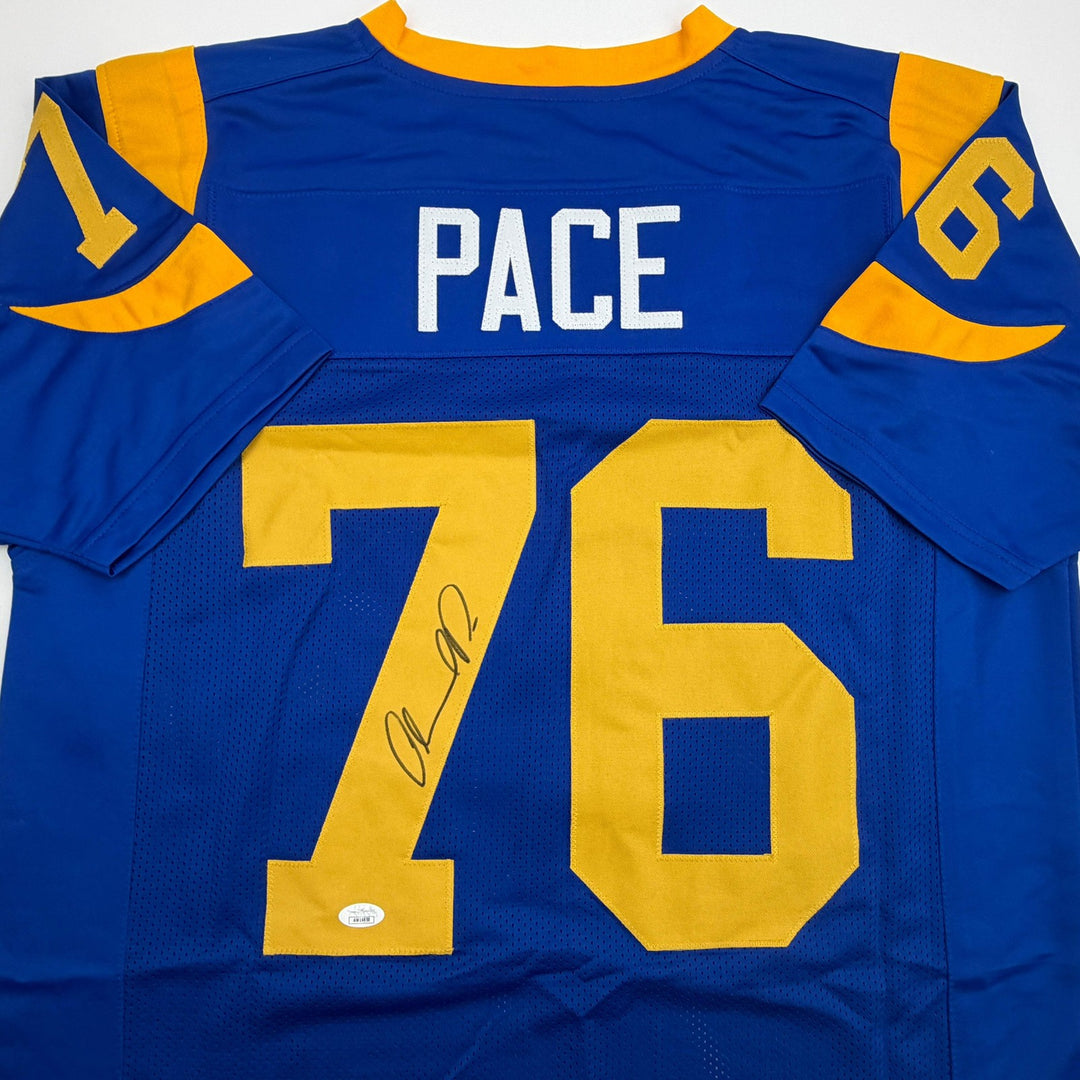 Autographed/Signed ORLANDO PACE HOF 16 St. Louis Blue Football Jersey JSA COA