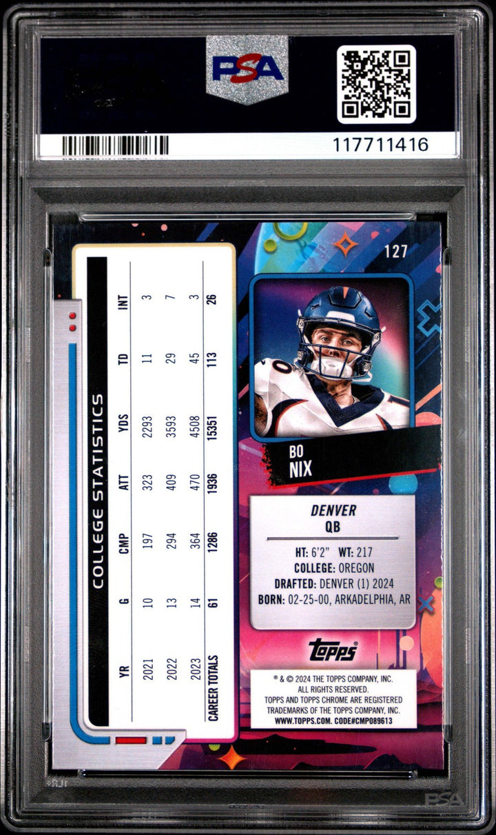 Graded 2024 Topps Cosmic Chrome Bo Nix #127 Rookie Football Card PSA 10 Gem Mint