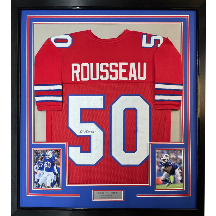 Framed Autographed/Signed Greg Rousseau 35x39 Buffalo Red Jersey JSA COA