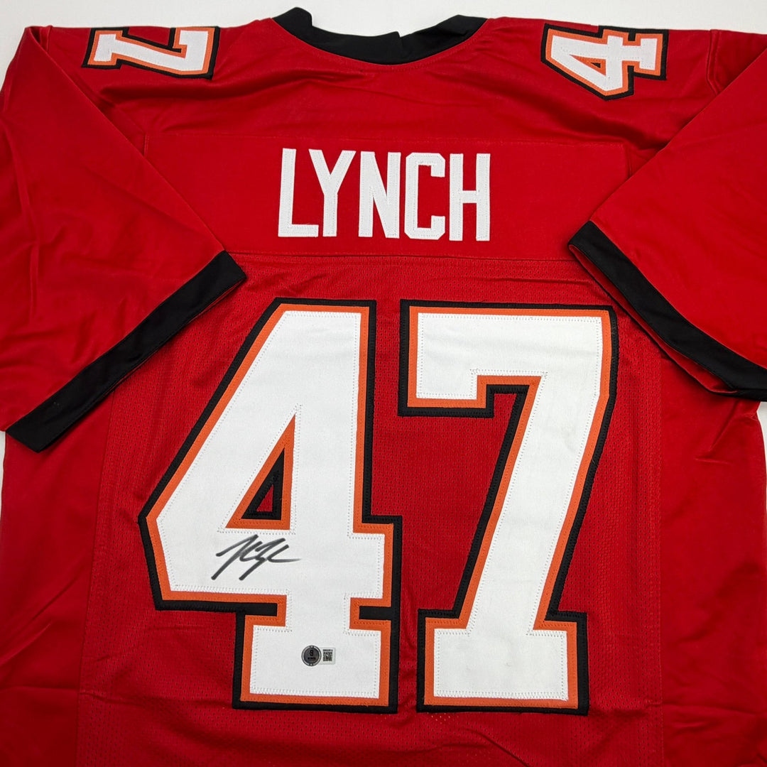 Autographed/Signed John Lynch Tampa Bay Red Football Jersey Beckett BAS COA