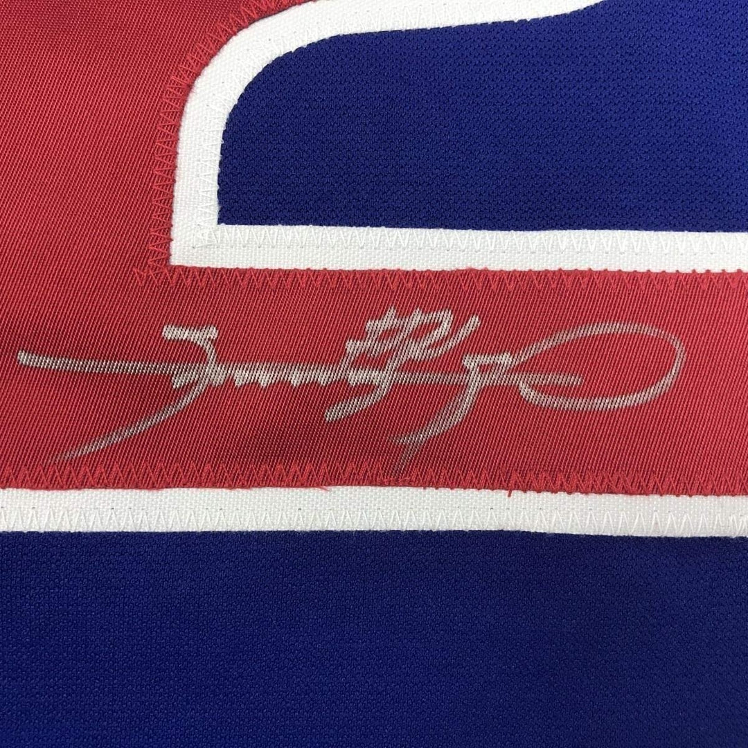 Framed Autographed/Signed Sammy Sosa 35x39 Chicago Blue Jersey JSA COA