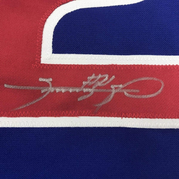 Framed Autographed/Signed Sammy Sosa 35x39 Chicago Blue Jersey JSA COA